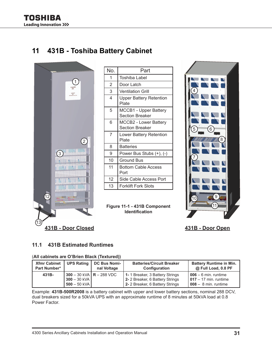 11 431b - toshiba battery cabinet, 1 431b estimated runtimes | Toshiba AUXILIARY CABINET 431M User Manual | Page 39 / 64