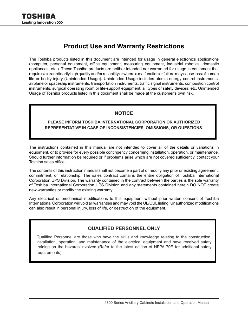 Product use and warranty restrictions | Toshiba AUXILIARY CABINET 431M User Manual | Page 4 / 64