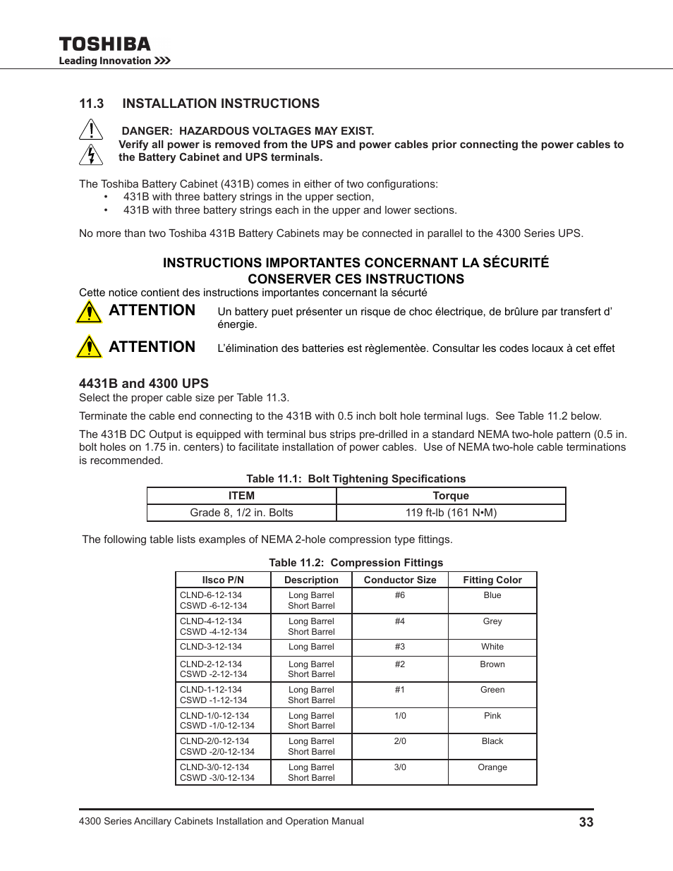 3 installation instructions, Attention | Toshiba AUXILIARY CABINET 431M User Manual | Page 41 / 64
