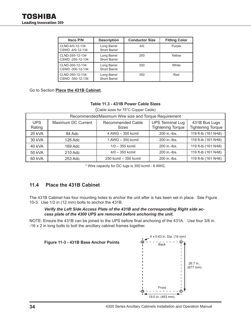 4 place the 431b cabinet | Toshiba AUXILIARY CABINET 431M User Manual | Page 42 / 64