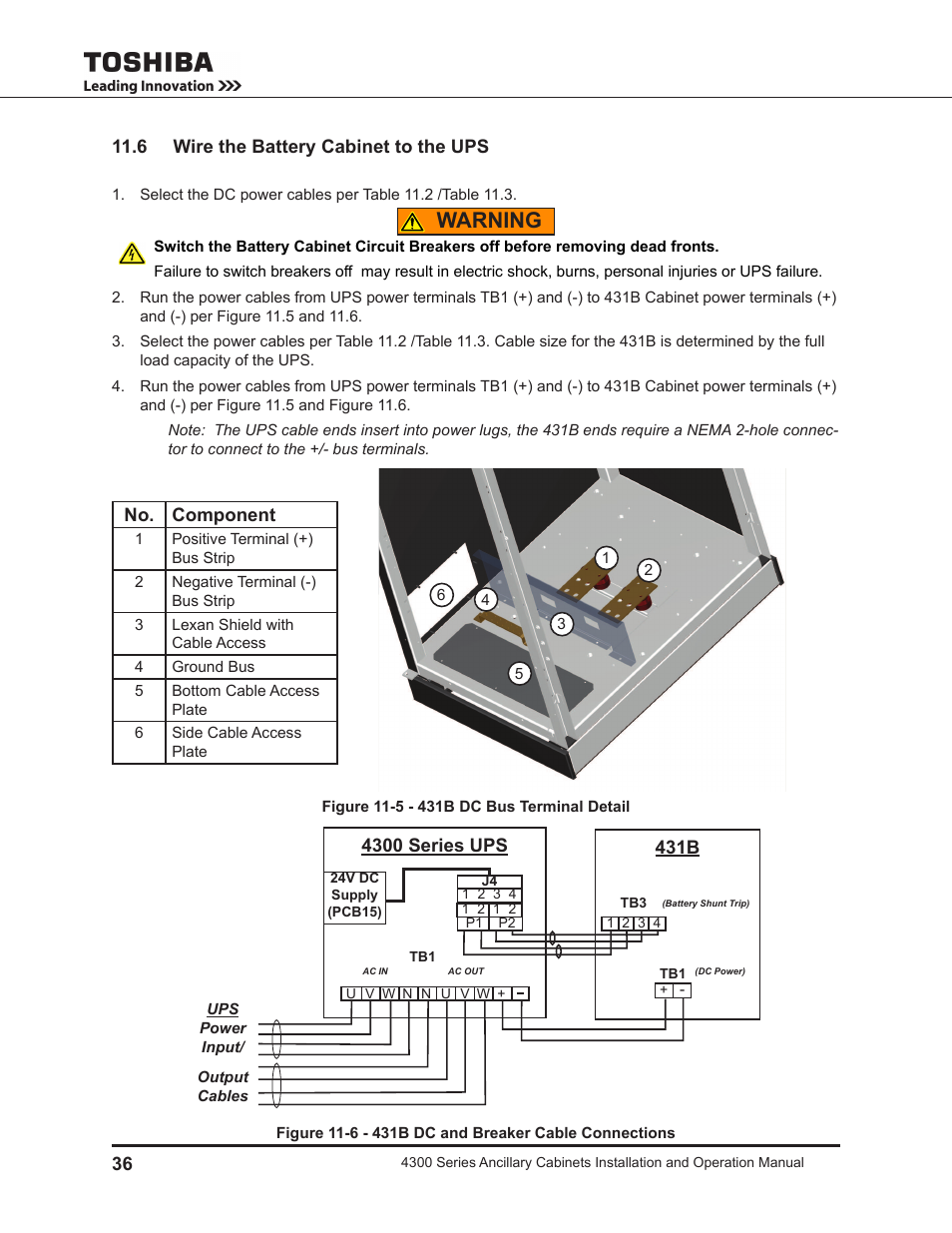 6 wire the battery cabinet to the ups, Warning | Toshiba AUXILIARY CABINET 431M User Manual | Page 44 / 64