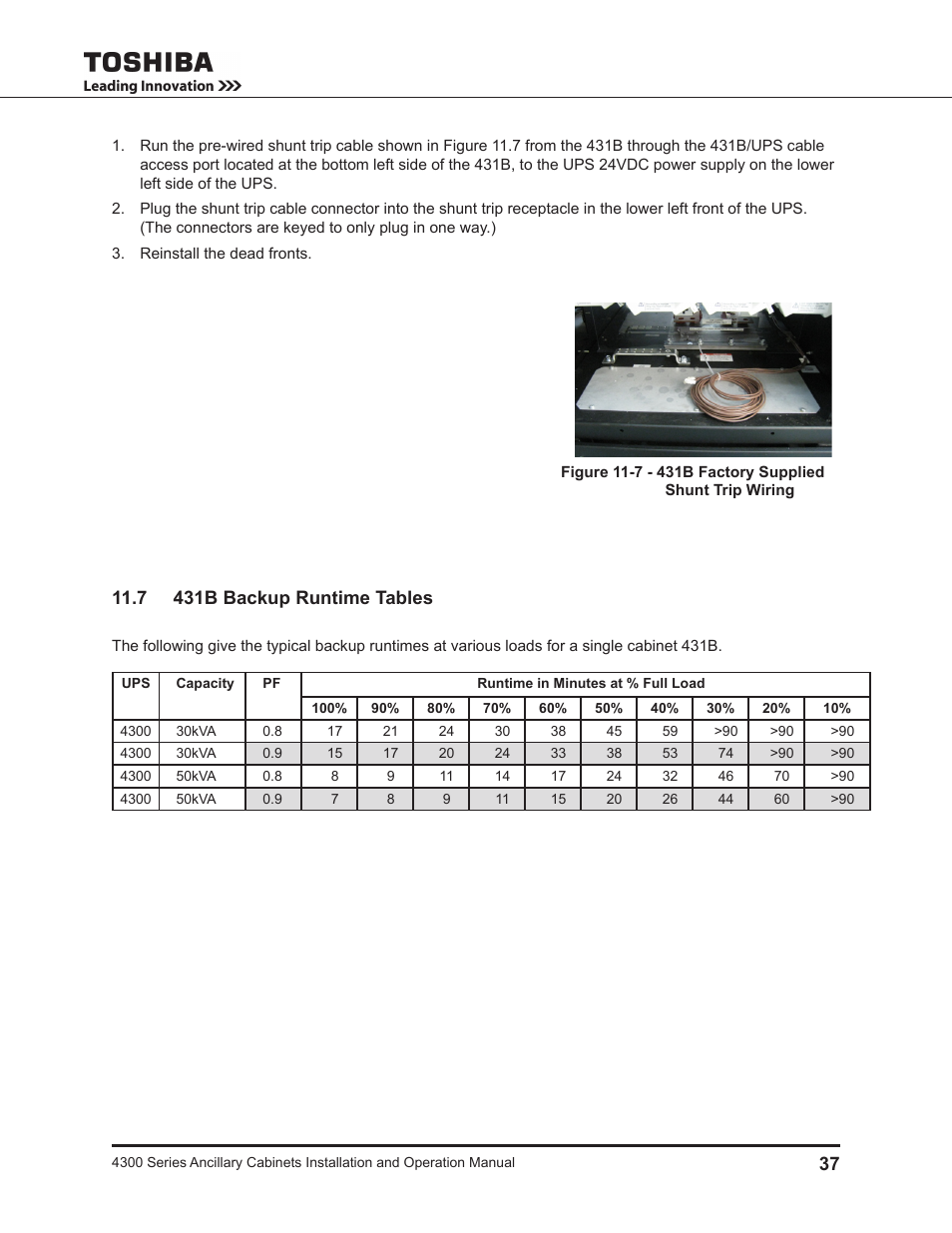 7 431b backup runtime tables | Toshiba AUXILIARY CABINET 431M User Manual | Page 45 / 64