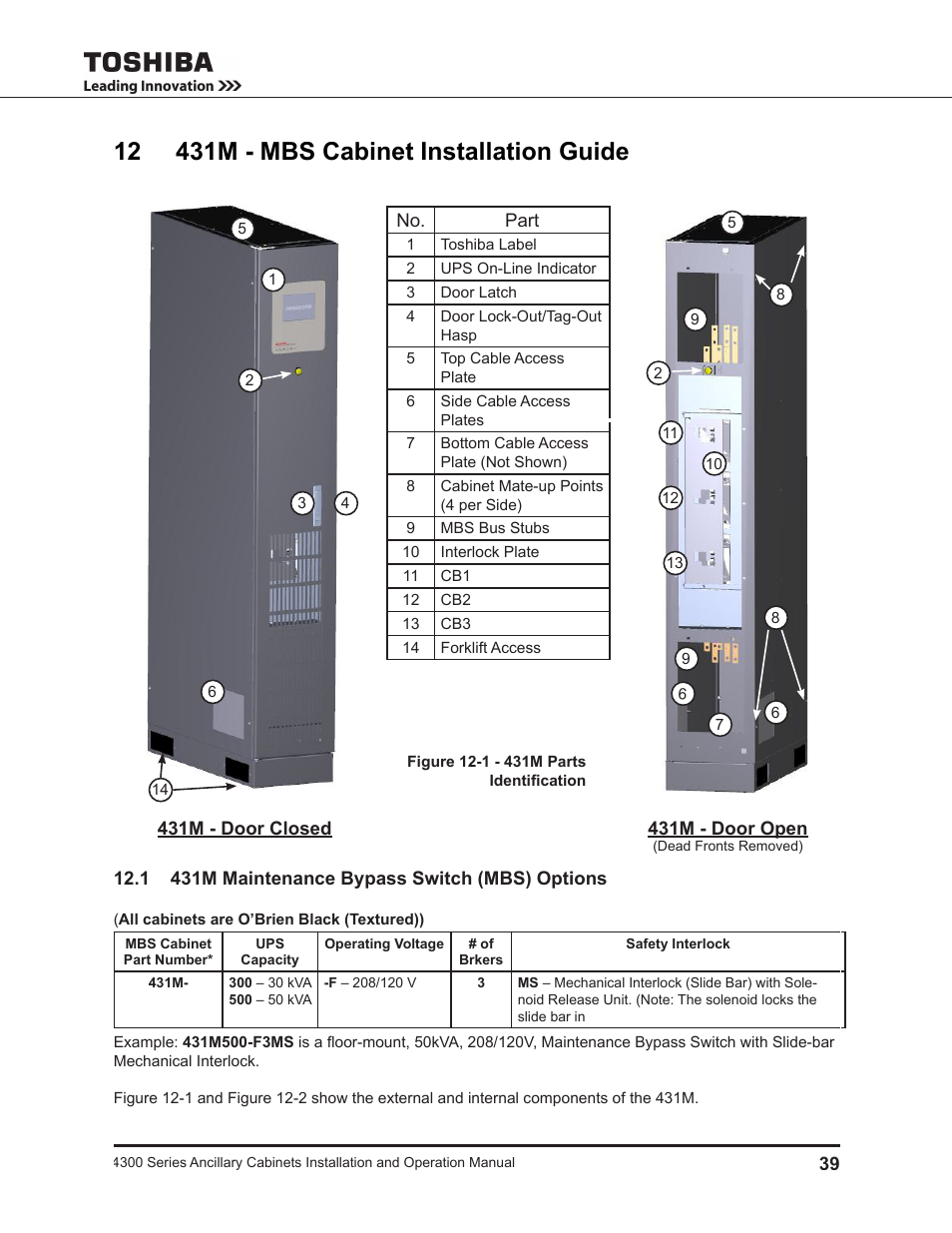 12 431m - mbs cabinet installation guide, 1 431m maintenance bypass switch (mbs) options | Toshiba AUXILIARY CABINET 431M User Manual | Page 47 / 64
