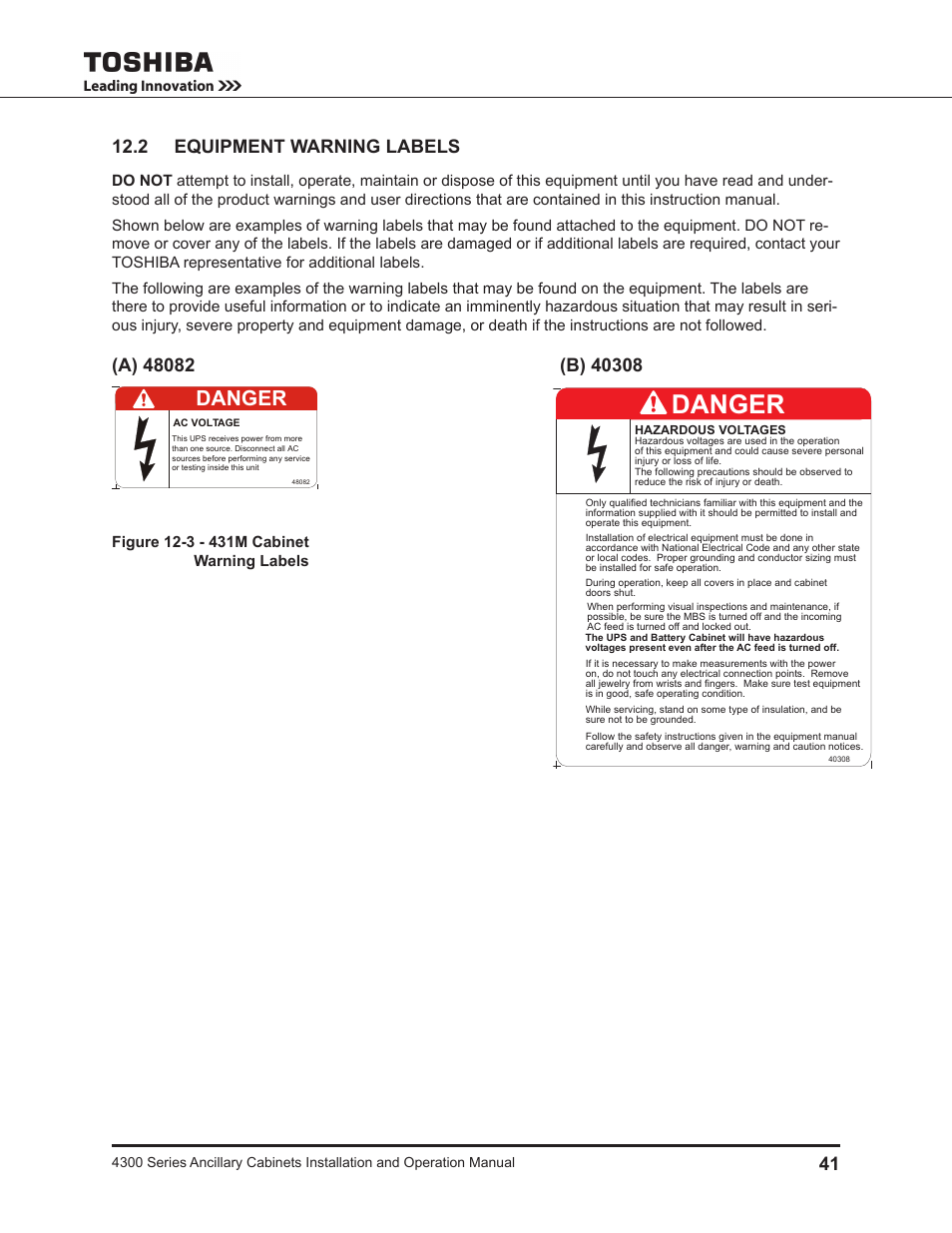 2 equipment warning labels, Danger | Toshiba AUXILIARY CABINET 431M User Manual | Page 49 / 64