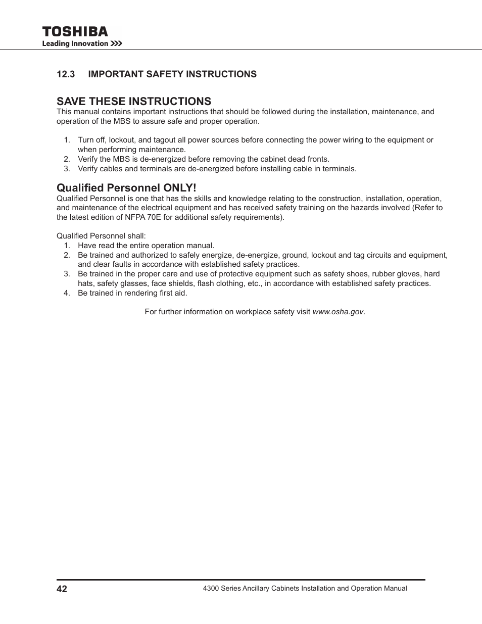 3 important safety instructions, Save these instructions, Qualified personnel only | Toshiba AUXILIARY CABINET 431M User Manual | Page 50 / 64