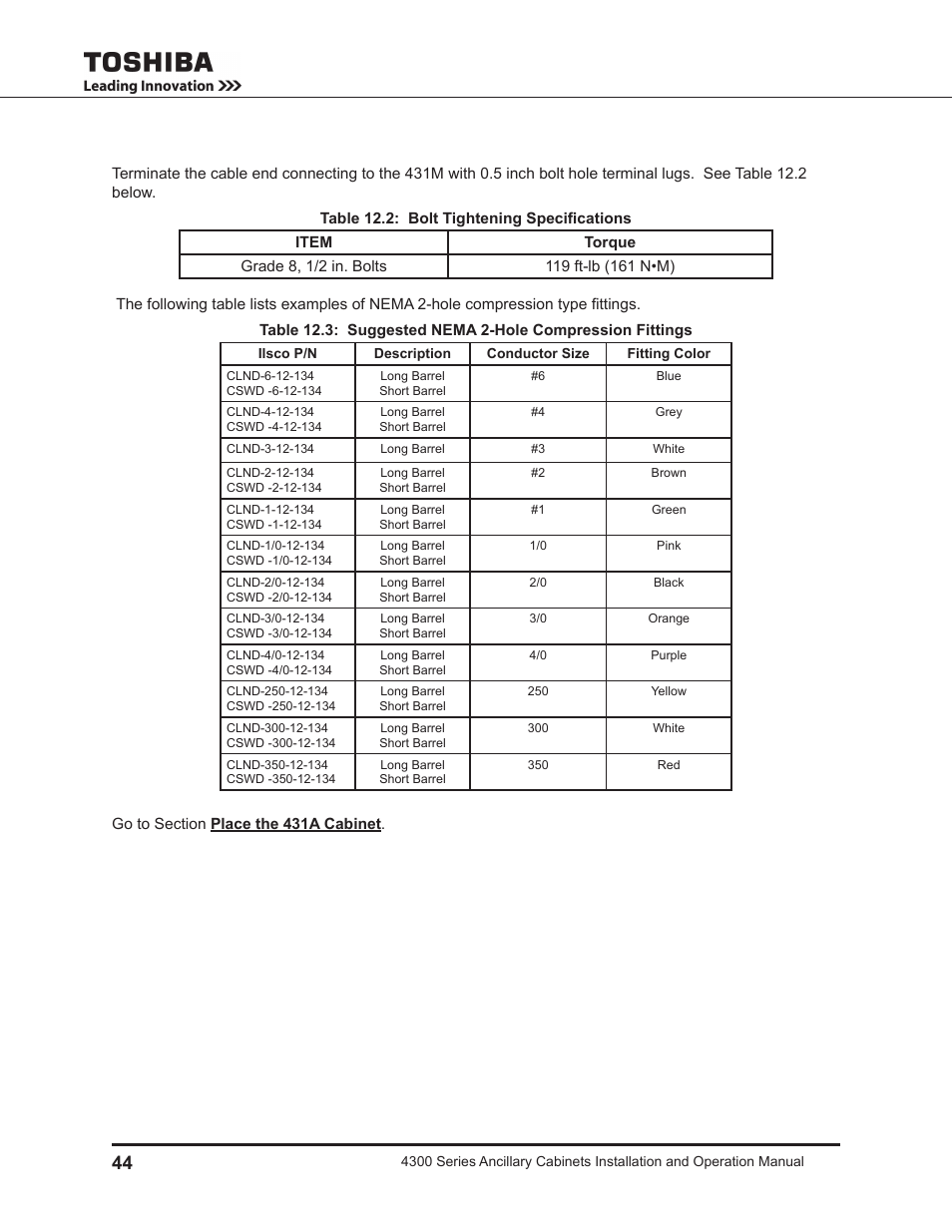 Toshiba AUXILIARY CABINET 431M User Manual | Page 52 / 64