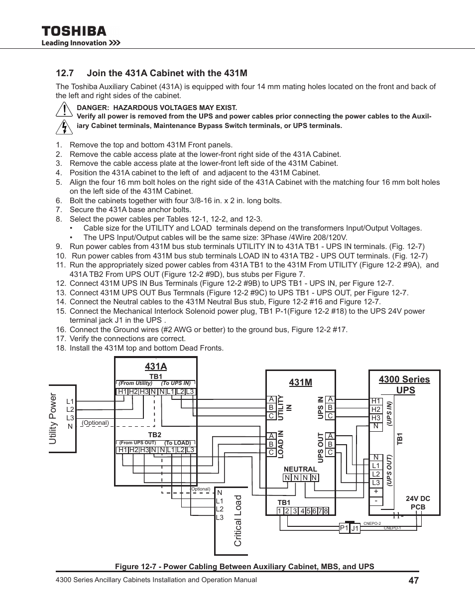 7 join the 431a cabinet with the 431m, 431a utility power, Critical load | 431m, 4300 series ups | Toshiba AUXILIARY CABINET 431M User Manual | Page 55 / 64