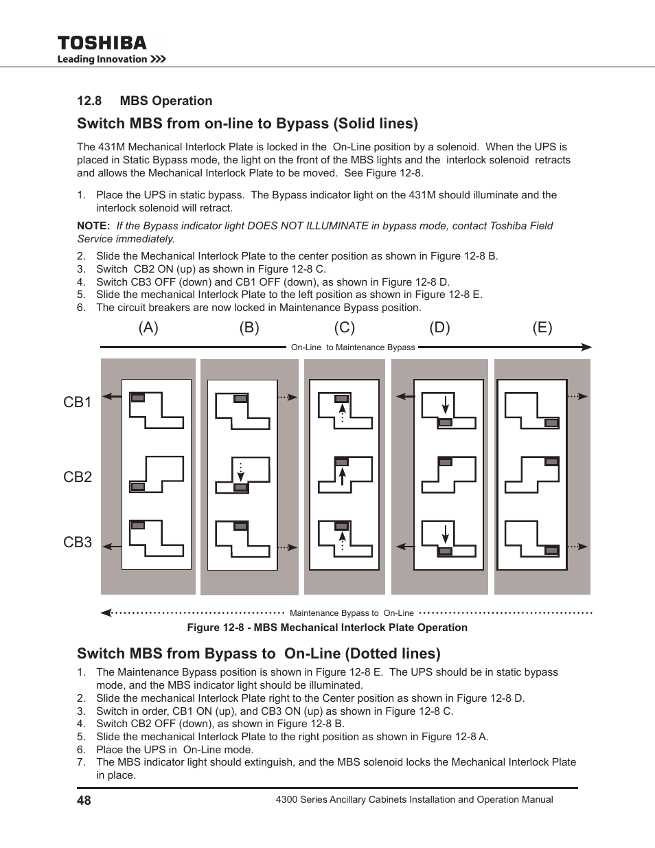 8 mbs operation, Switch mbs from on-line to bypass (solid lines), Switch mbs from bypass to on-line (dotted lines) | Cb1 cb2 (c) (e) (a) (b), Cb3 (d) | Toshiba AUXILIARY CABINET 431M User Manual | Page 56 / 64
