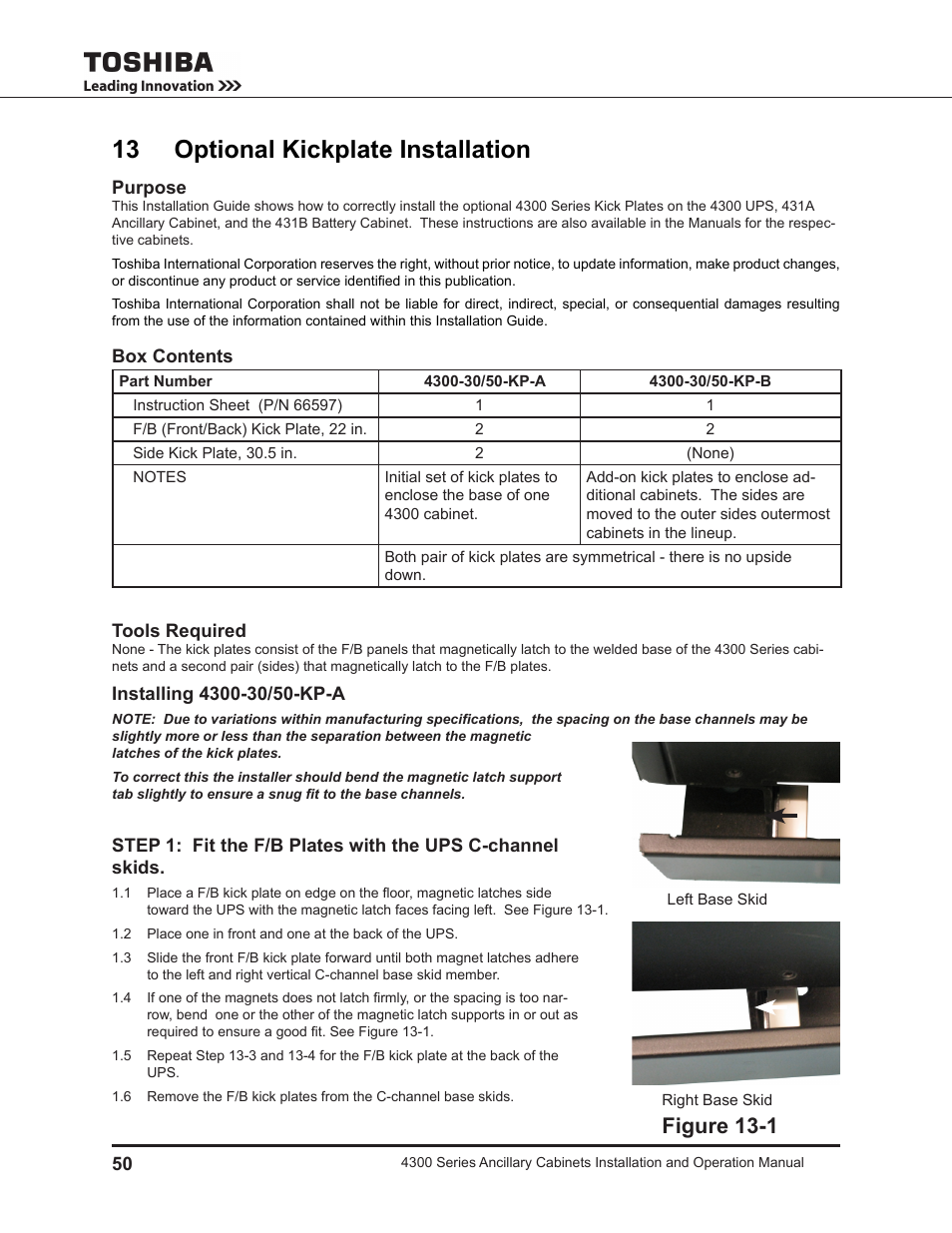 13 optional kickplate installation, Figure 13-1 | Toshiba AUXILIARY CABINET 431M User Manual | Page 58 / 64