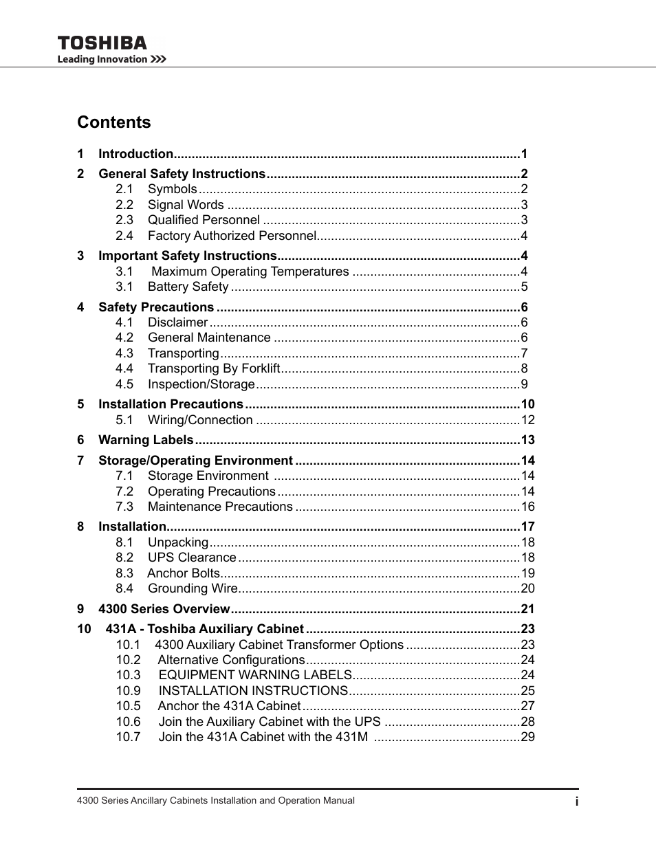 Toshiba AUXILIARY CABINET 431M User Manual | Page 7 / 64
