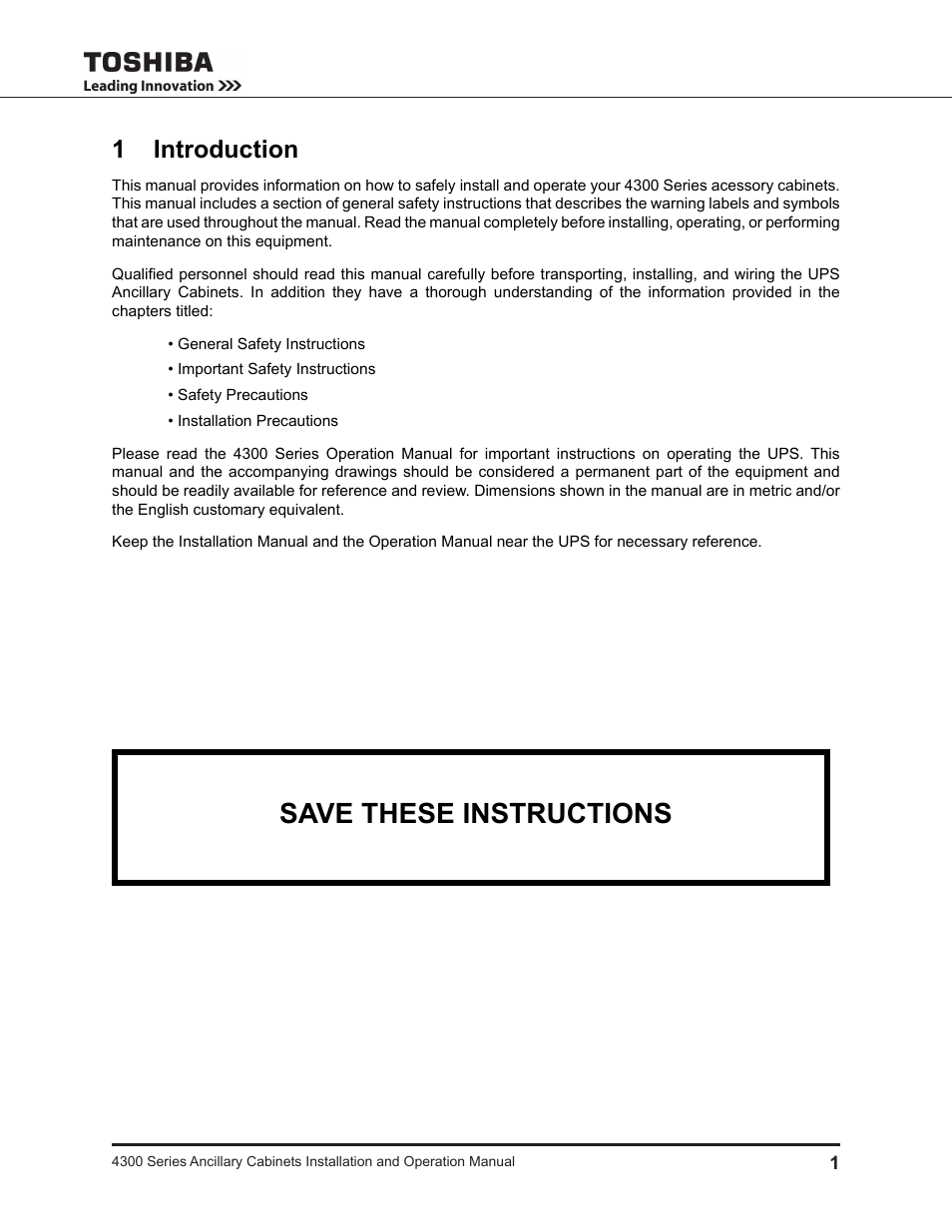 1 introduction, Save these instructions | Toshiba AUXILIARY CABINET 431M User Manual | Page 9 / 64