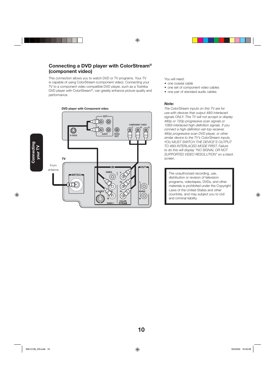 Connecting a dvd player with colorstream, Component video) | Toshiba 27D47 User Manual | Page 10 / 30