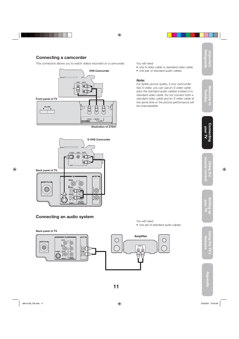 Connecting a camcorder, Connecting an audio system | Toshiba 27D47 User Manual | Page 11 / 30