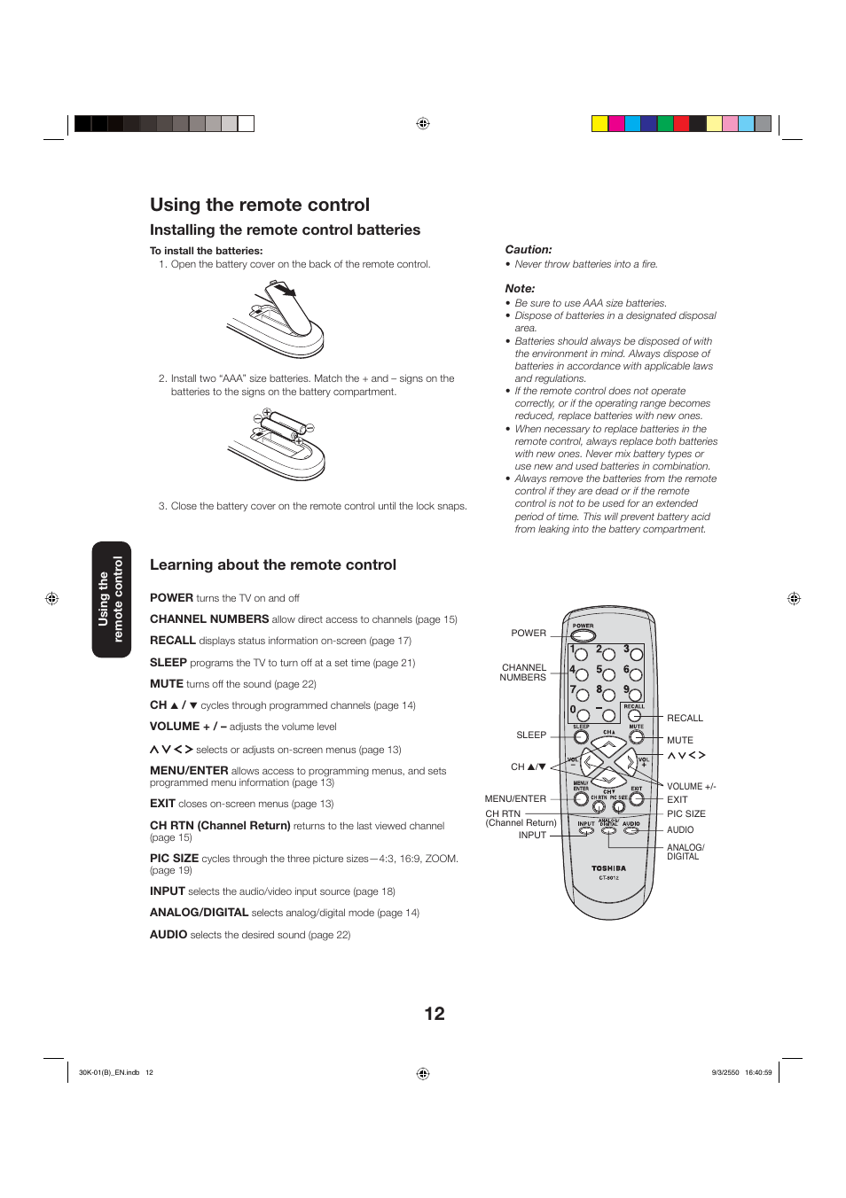 Using the remote control, Installing the remote control batteries, Learning about the remote control | Toshiba 27D47 User Manual | Page 12 / 30
