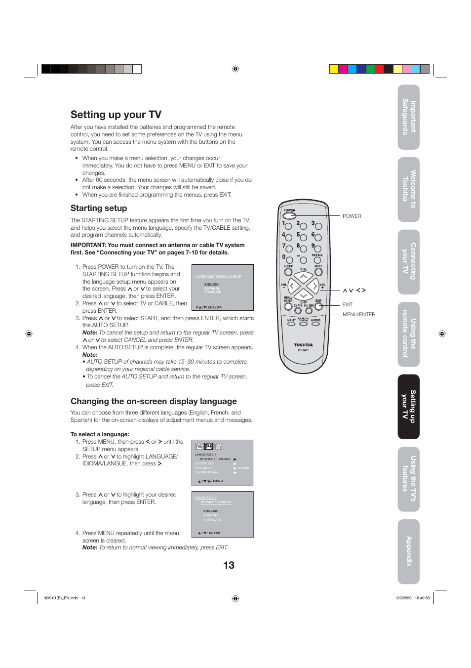 Setting up your tv, Starting setup, Changing the on-screen display language | Toshiba 27D47 User Manual | Page 13 / 30