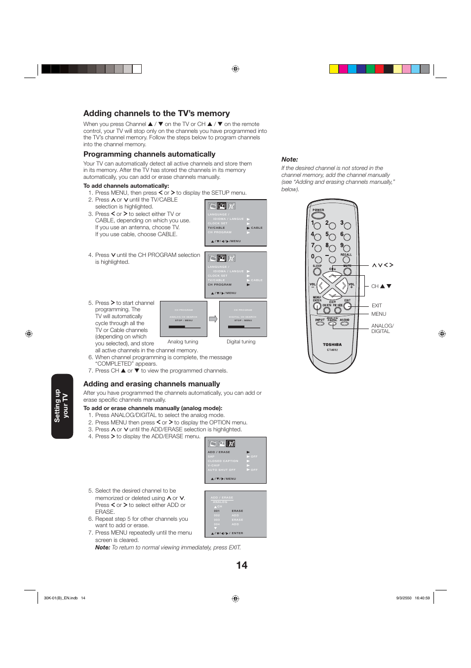 Programming channels automatically, Adding and erasing channels manually, Setting up your tv | Toshiba 27D47 User Manual | Page 14 / 30