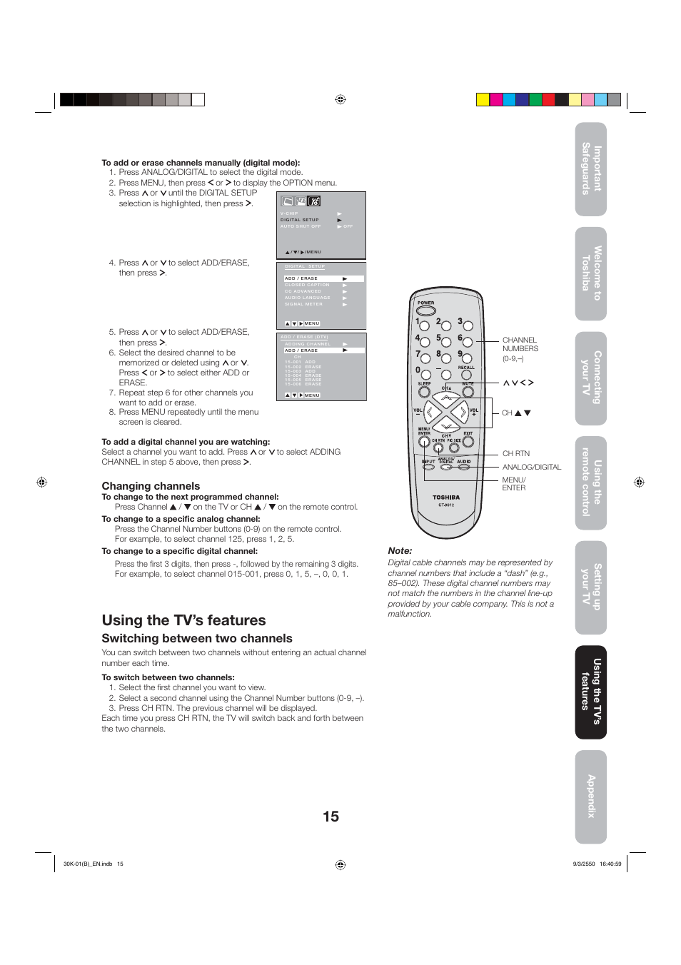 Using the tv’s features, Switching between two channels, Changing channels | Toshiba 27D47 User Manual | Page 15 / 30
