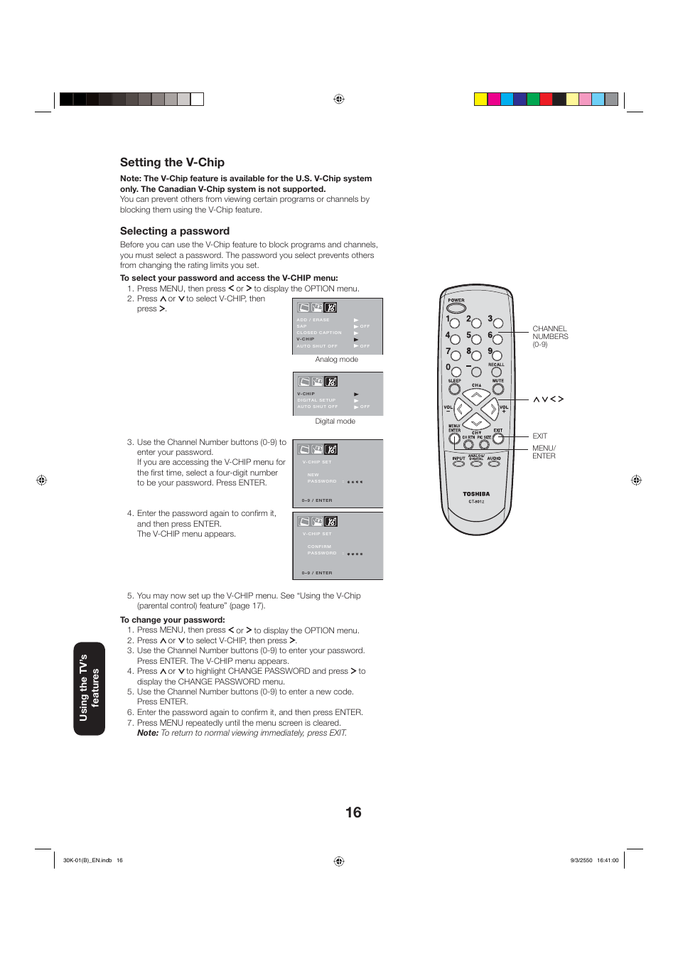 Setting the v-chip, Selecting a password, Using the tv’ s featur es | Toshiba 27D47 User Manual | Page 16 / 30