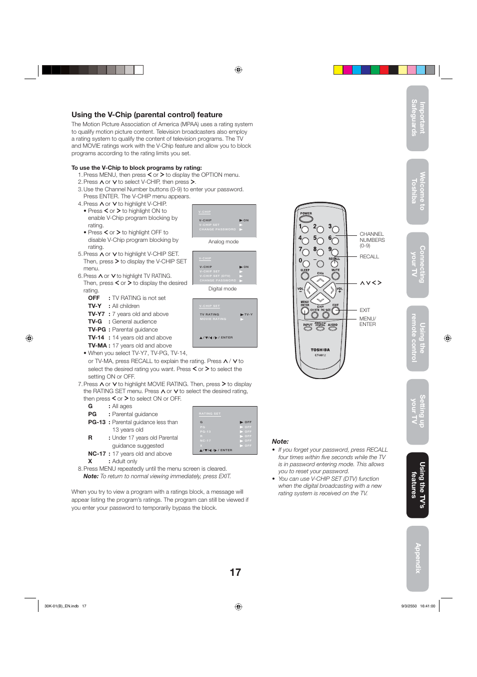 Using the v-chip (parental control) feature | Toshiba 27D47 User Manual | Page 17 / 30