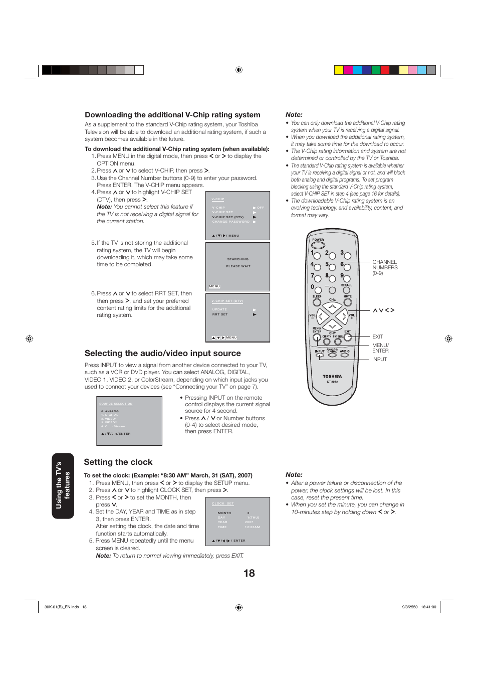 Selecting the audio/video input source, Setting the clock, Downloading the additional v-chip rating system | Toshiba 27D47 User Manual | Page 18 / 30