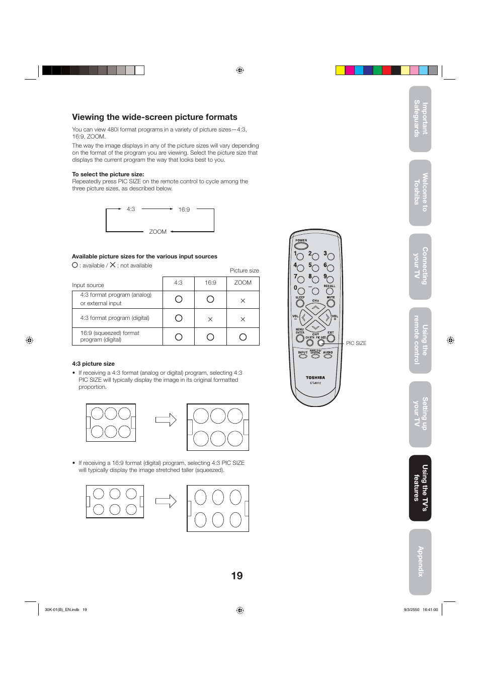 Viewing the wide-screen picture formats | Toshiba 27D47 User Manual | Page 19 / 30