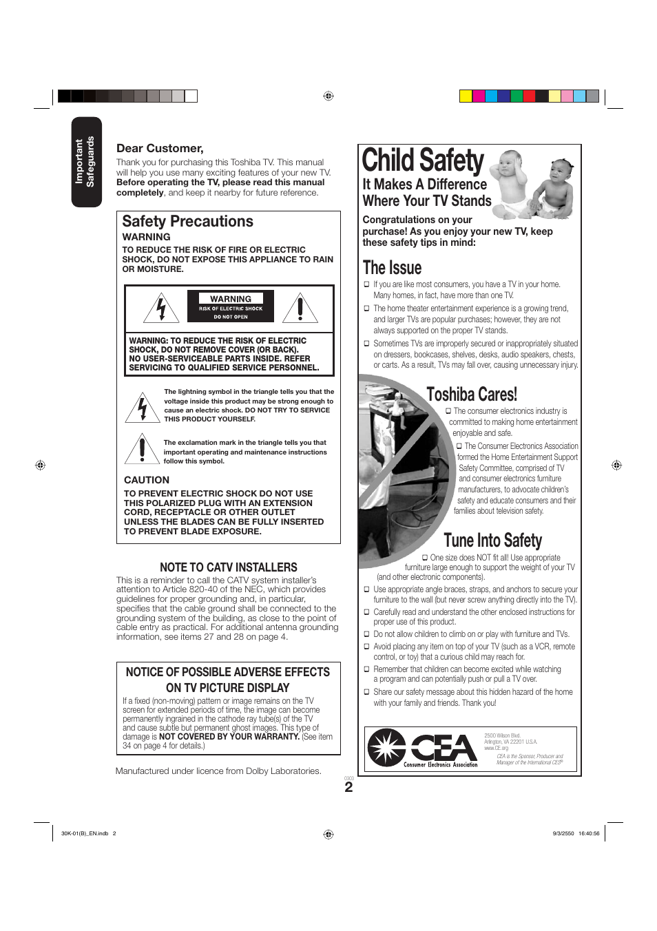 Child safety, The issue, Toshiba cares | Tune into safety, Safety precautions, It makes a difference where your tv stands | Toshiba 27D47 User Manual | Page 2 / 30