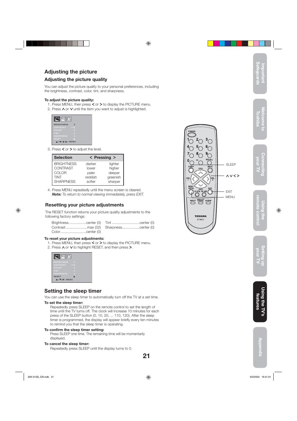 Adjusting the picture, Setting the sleep timer, Adjusting the picture quality | Resetting your picture adjustments | Toshiba 27D47 User Manual | Page 21 / 30