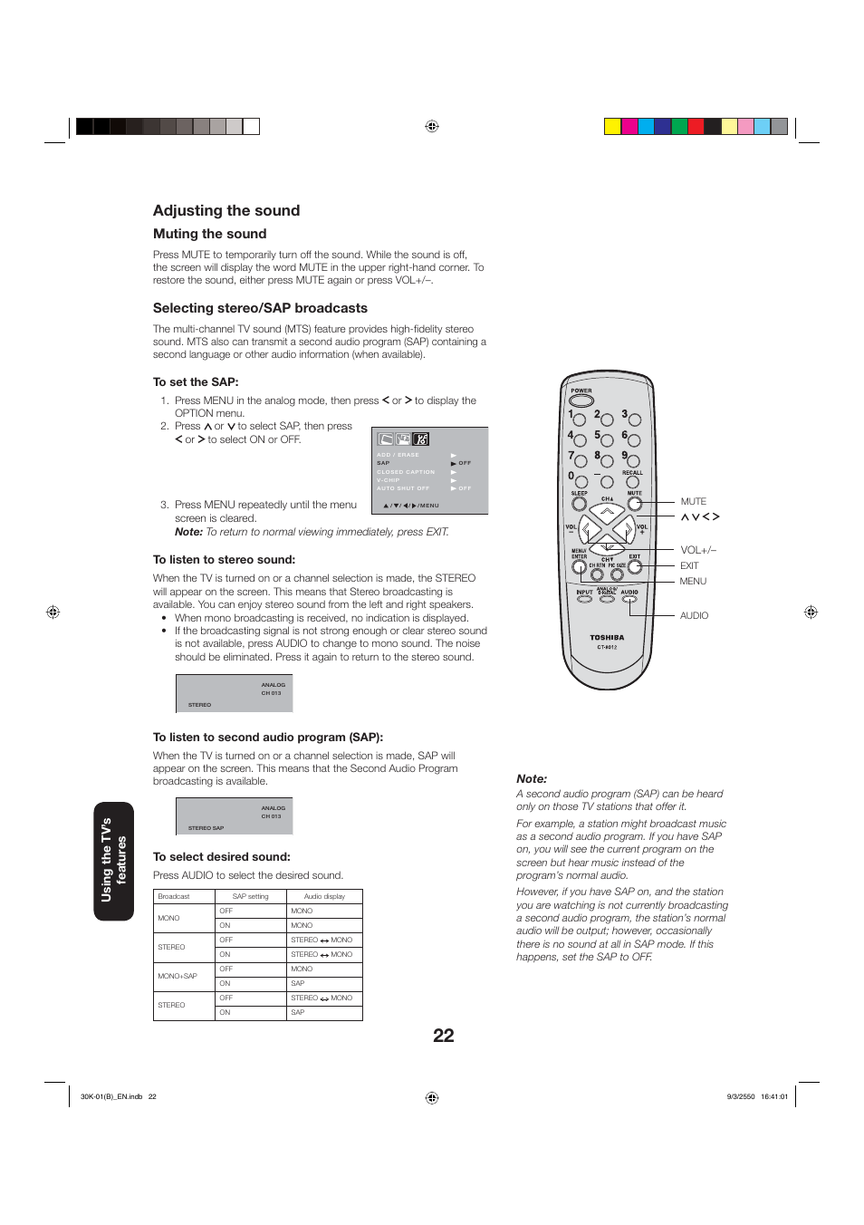 Adjusting the sound, Muting the sound, Selecting stereo/sap broadcasts | Using the tv’ s featur es | Toshiba 27D47 User Manual | Page 22 / 30