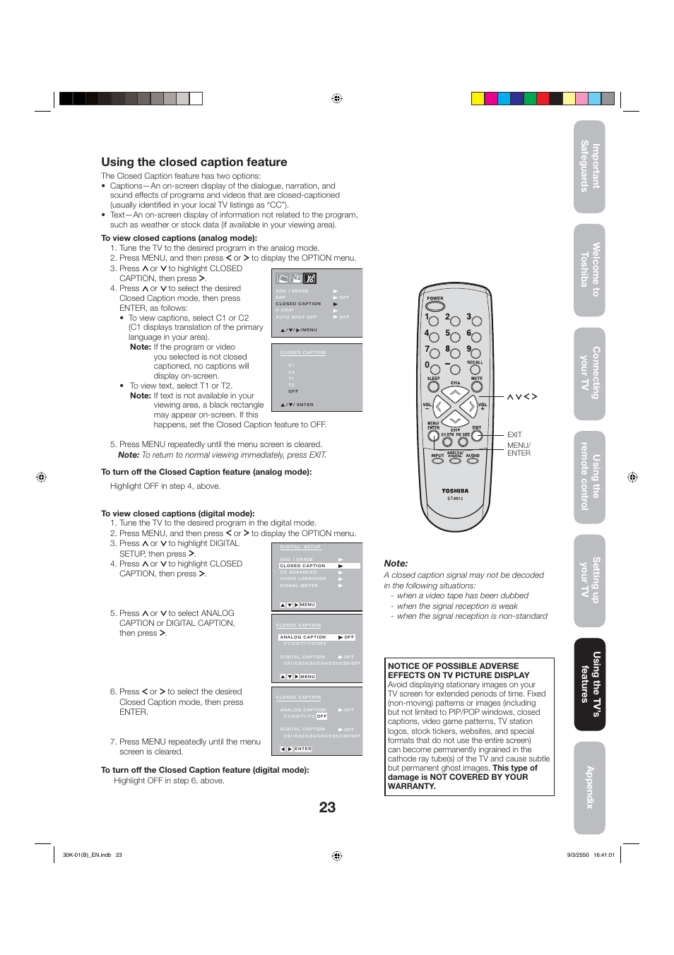 Using the closed caption feature | Toshiba 27D47 User Manual | Page 23 / 30