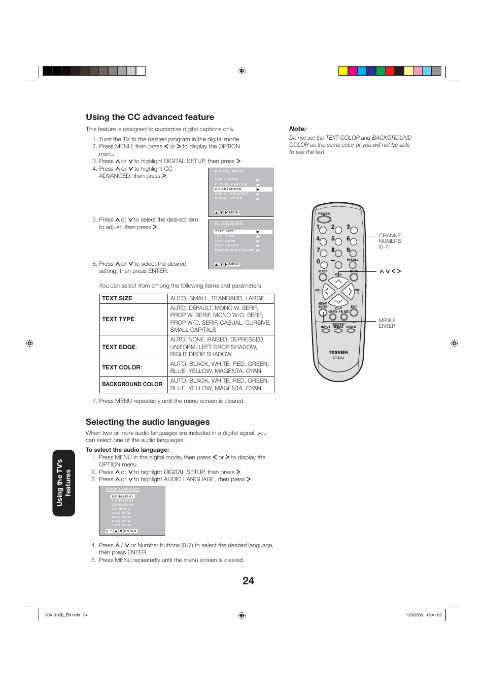 Selecting the audio languages, Using the cc advanced feature | Toshiba 27D47 User Manual | Page 24 / 30