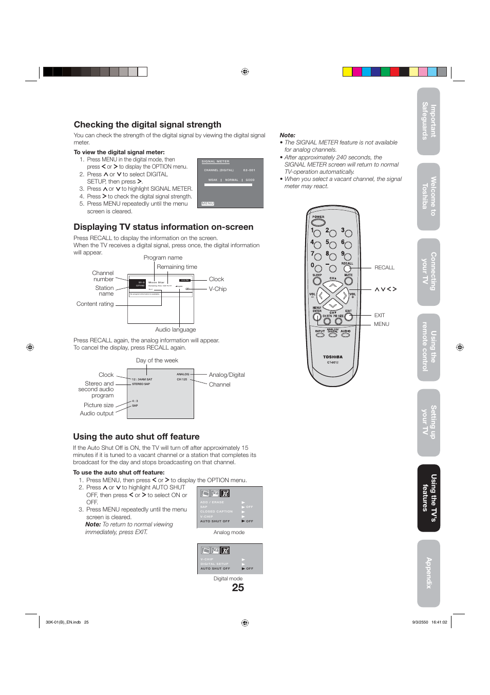 Checking the digital signal strength, Using the auto shut off feature, Displaying tv status information on-screen | Toshiba 27D47 User Manual | Page 25 / 30