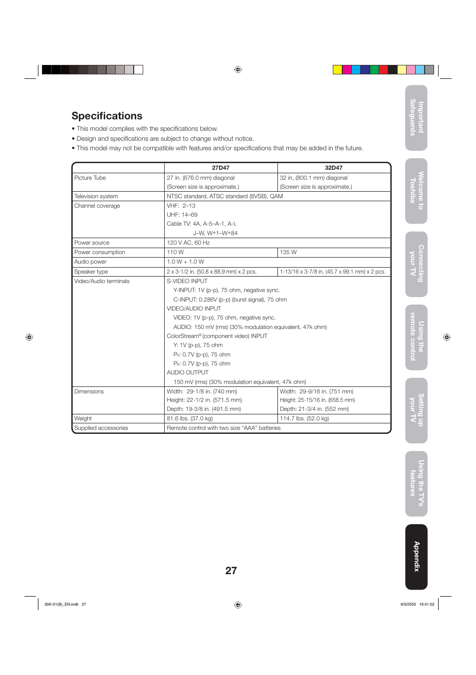 Speciﬁ cations | Toshiba 27D47 User Manual | Page 27 / 30