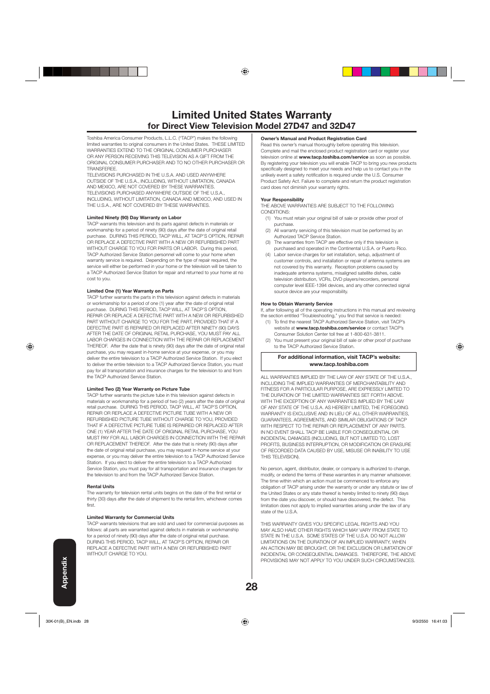 28 limited united states warranty | Toshiba 27D47 User Manual | Page 28 / 30