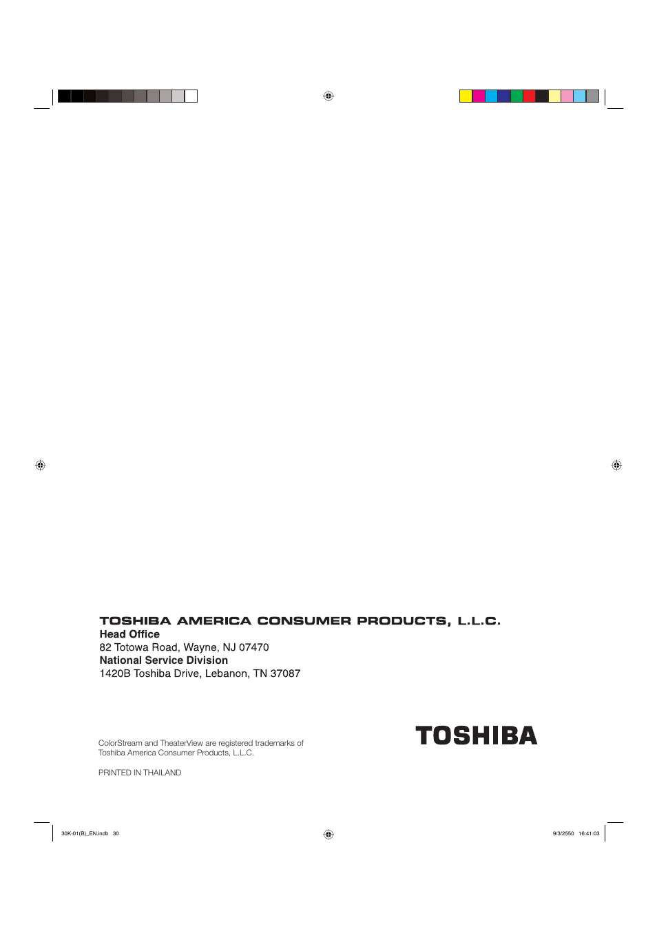 National service division | Toshiba 27D47 User Manual | Page 30 / 30