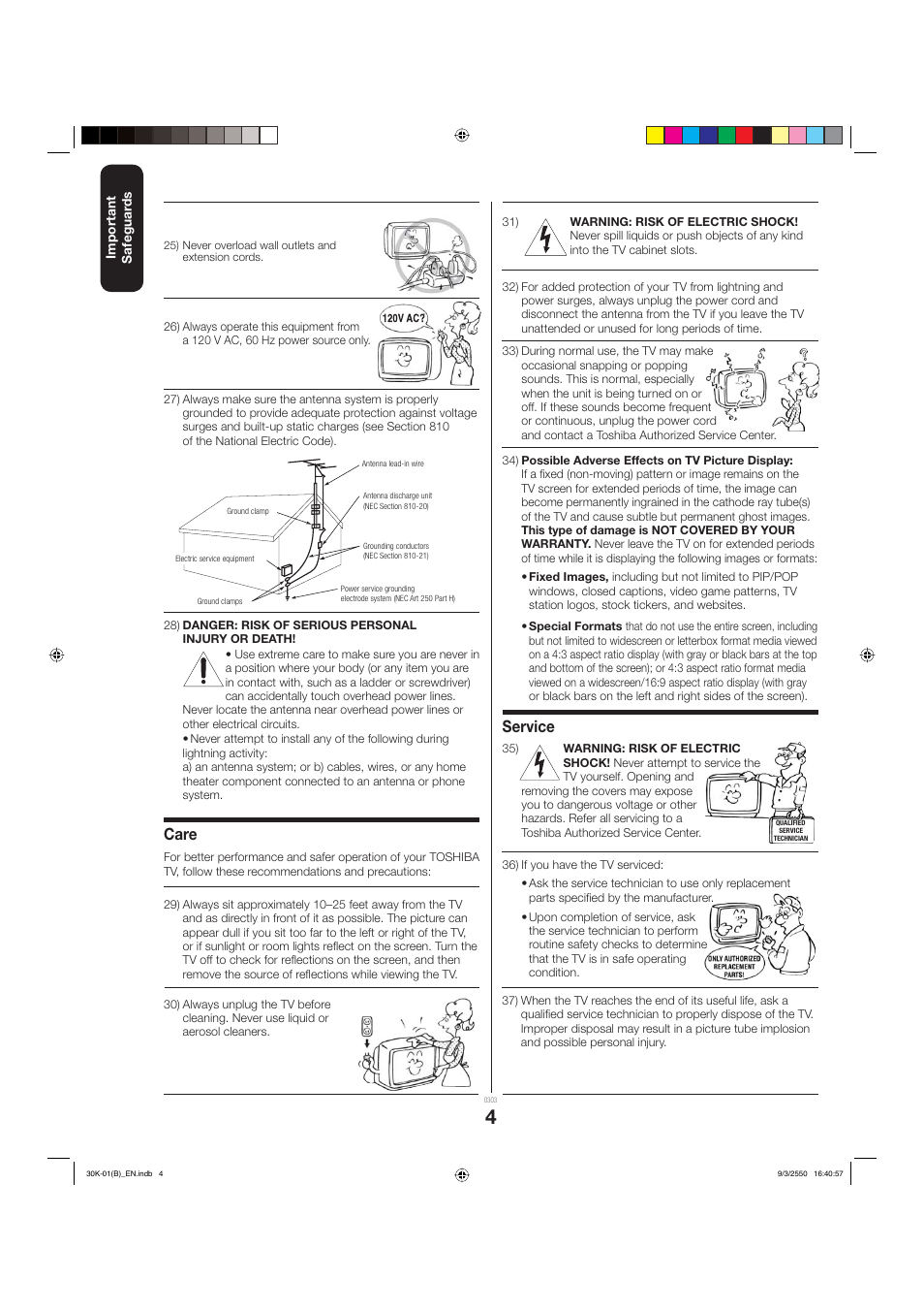 Care, Service | Toshiba 27D47 User Manual | Page 4 / 30