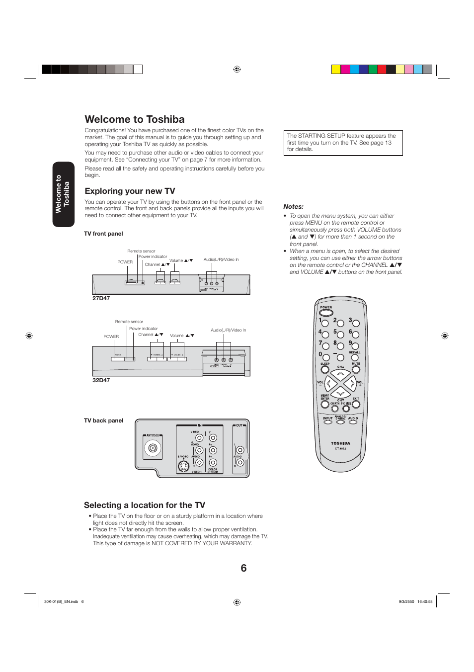 6welcome to toshiba, Exploring your new tv, Selecting a location for the tv | Toshiba 27D47 User Manual | Page 6 / 30