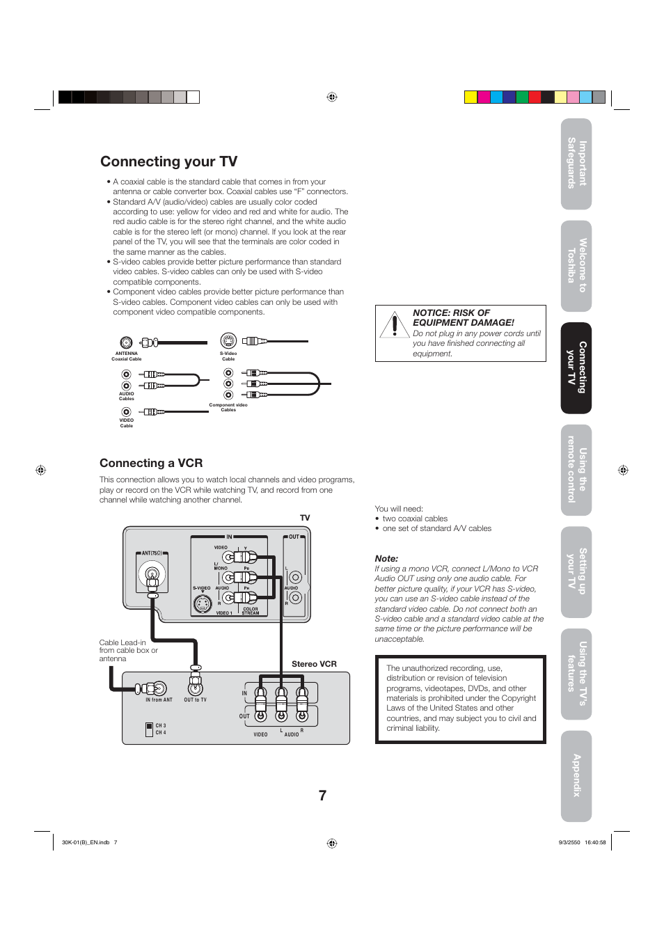 Connecting your tv, Connecting a vcr | Toshiba 27D47 User Manual | Page 7 / 30