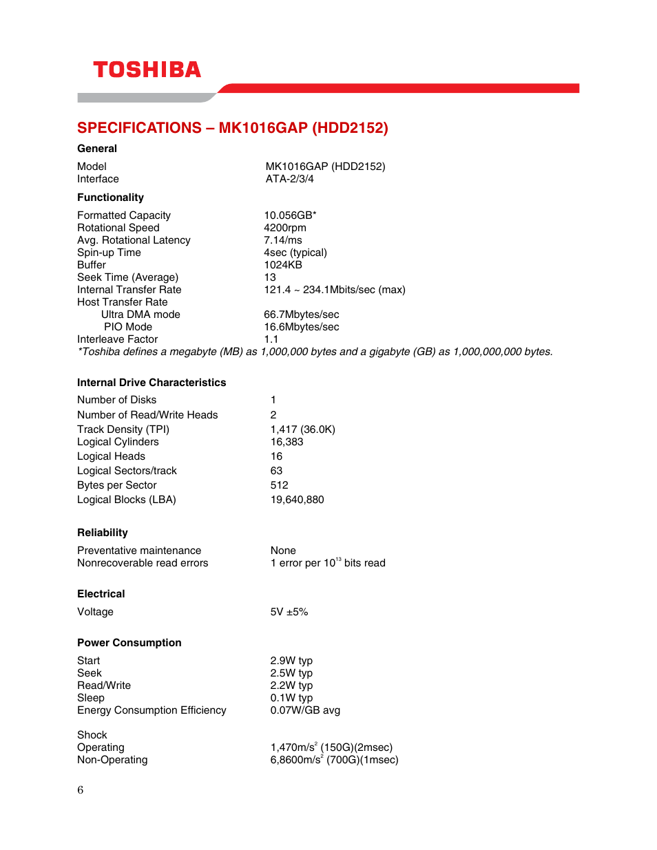 Specifications – mk1016gap (hdd2152) | Toshiba MK1016GAP User Manual | Page 8 / 11