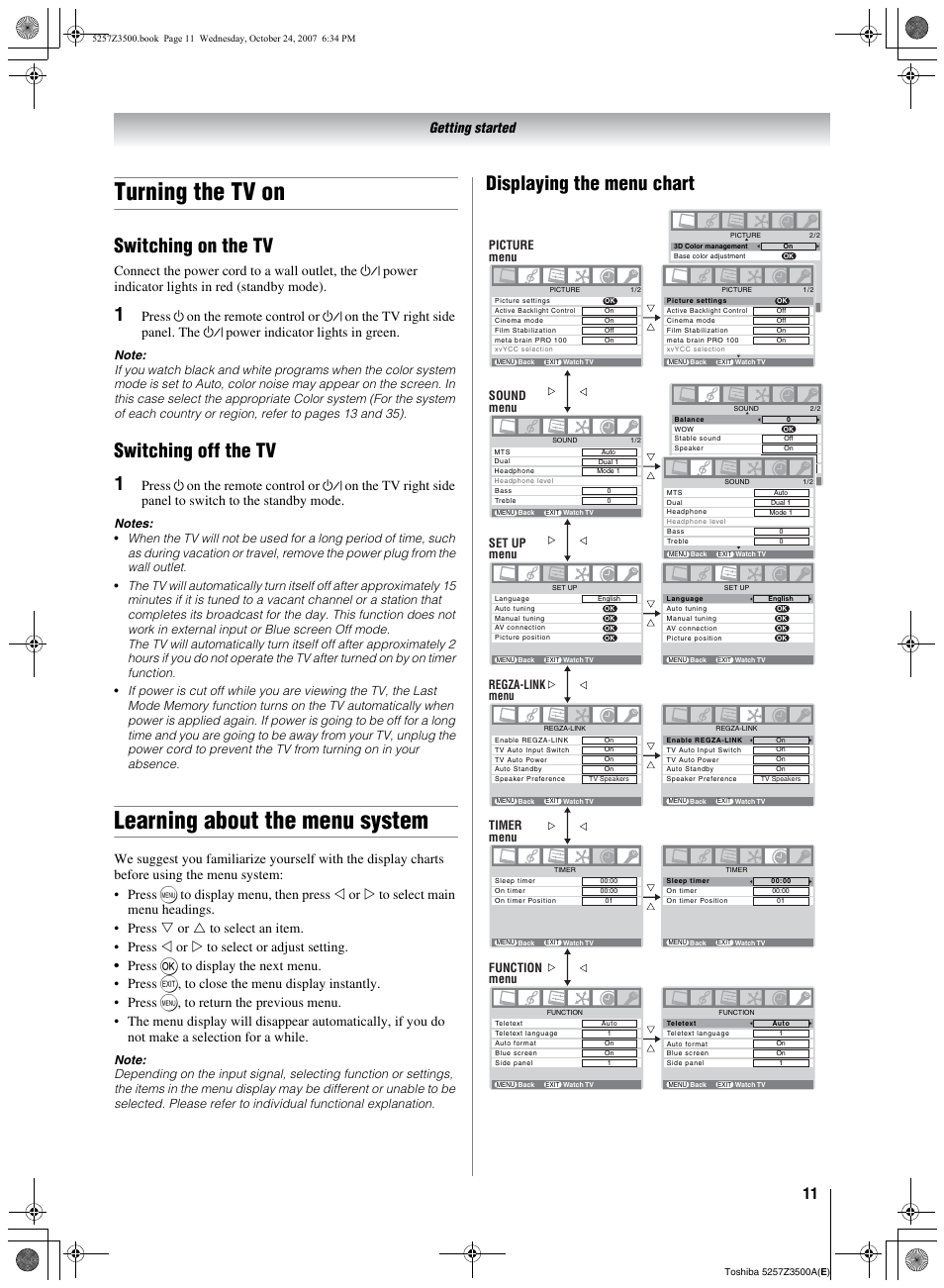 Turning the tv on, Learning about the menu system, Switching on the tv switching off the tv | Displaying the menu chart, Ge 11, Switching on the tv, Switching off the tv 1, Getting started, Regza-link menu | Toshiba VX1A00054000 User Manual | Page 11 / 36