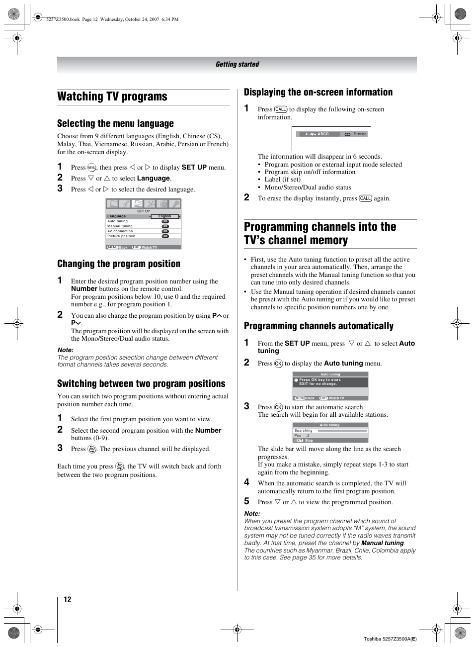 Watching tv programs, Programming channels into the tv’s channel memory, Programming channels automatically | Selecting the menu language, Changing the program position 1, Switching between two program positions, Displaying the on-screen information 1, Programming channels automatically 1 | Toshiba VX1A00054000 User Manual | Page 12 / 36