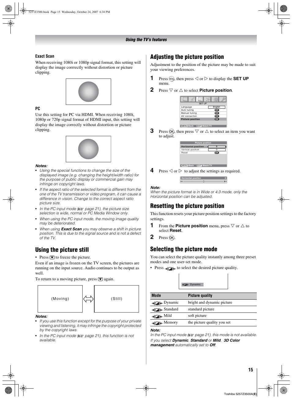 Using the picture still, Adjusting the picture position, Resetting the picture position | Selecting the picture mode | Toshiba VX1A00054000 User Manual | Page 15 / 36