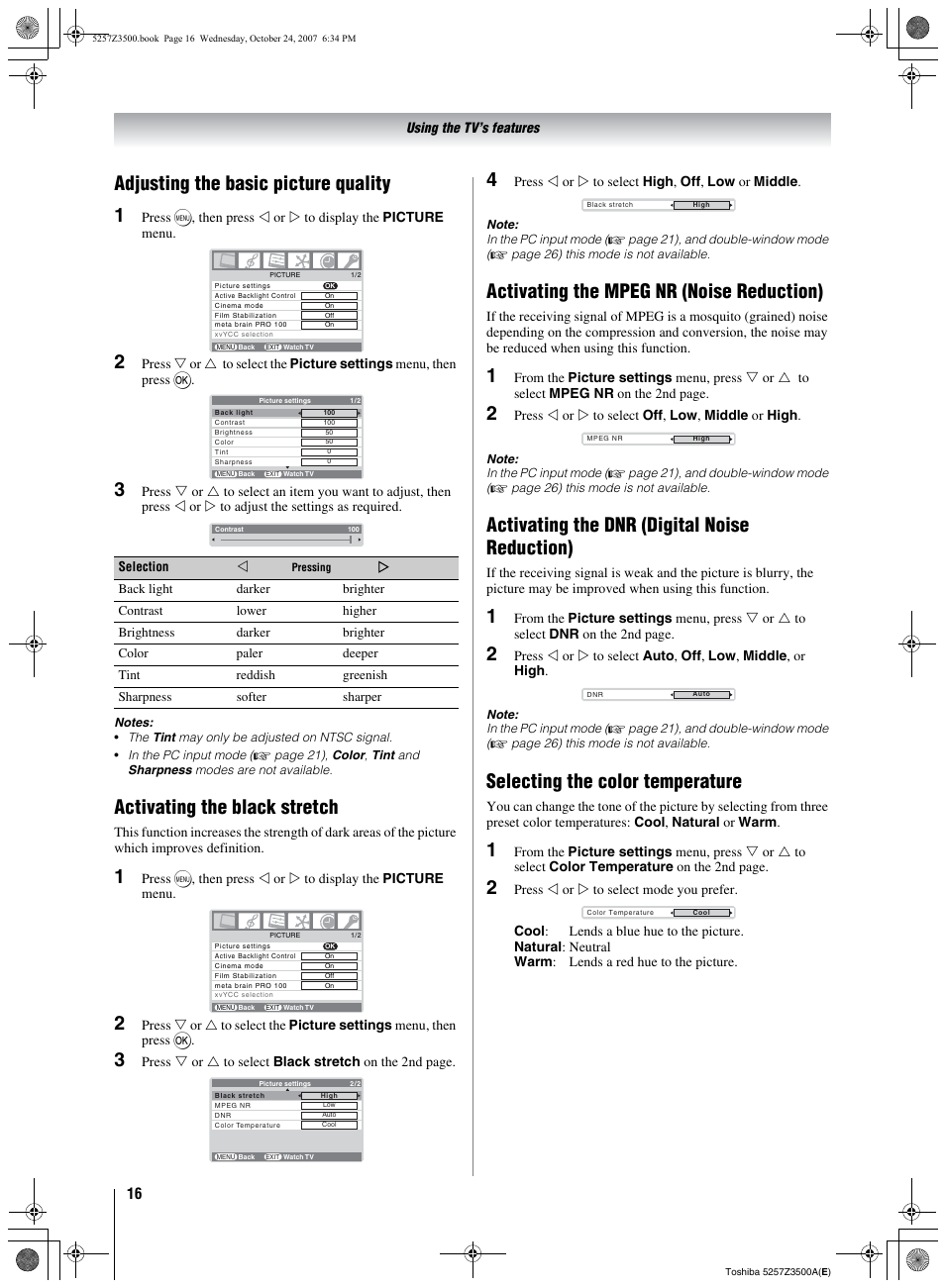 Adjusting the basic picture quality 1, Activating the black stretch, Activating the mpeg nr (noise reduction) | Activating the dnr (digital noise reduction), Selecting the color temperature | Toshiba VX1A00054000 User Manual | Page 16 / 36