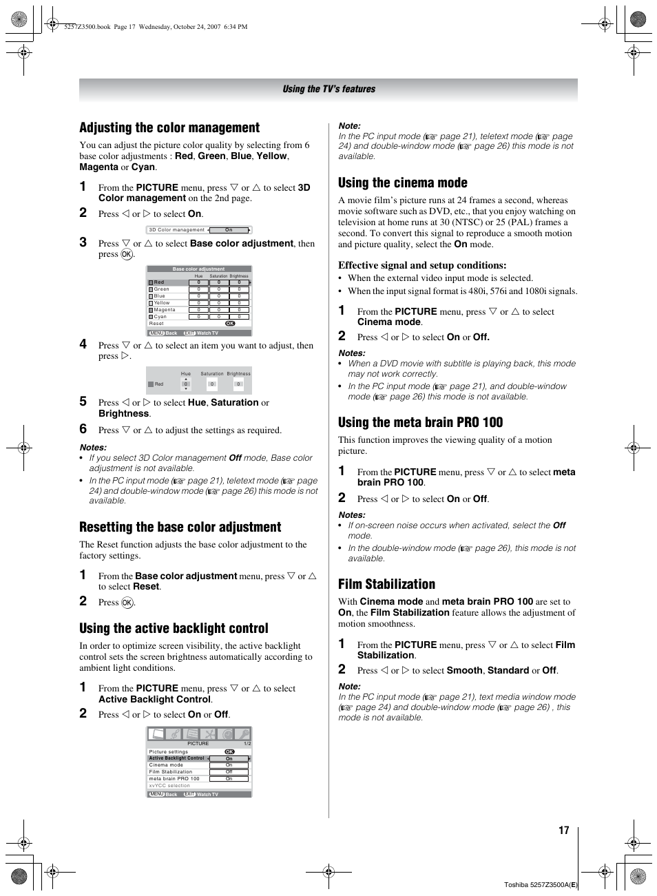 Adjusting the color management, Resetting the base color adjustment, Using the active backlight control | Using the cinema mode, Using the meta brain pro 100, Film stabilization | Toshiba VX1A00054000 User Manual | Page 17 / 36