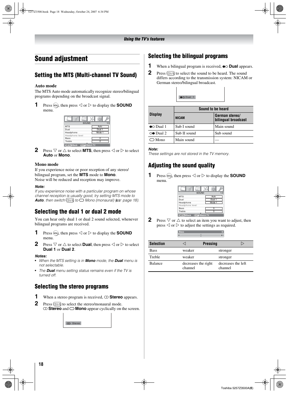 Sound adjustment, Setting the mts (multi-channel tv sound), Selecting the dual 1 or dual 2 mode | Selecting the stereo programs 1, Selecting the bilingual programs 1, Adjusting the sound quality 1 | Toshiba VX1A00054000 User Manual | Page 18 / 36