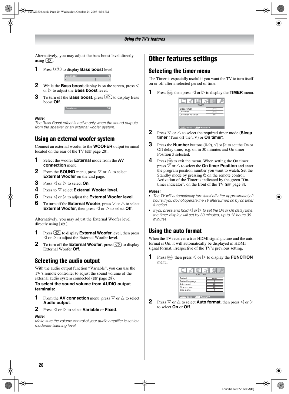 Other features settings, Selecting the timer menu using the auto format, Using an external woofer system | Selecting the audio output, Selecting the timer menu, Using the auto format | Toshiba VX1A00054000 User Manual | Page 20 / 36