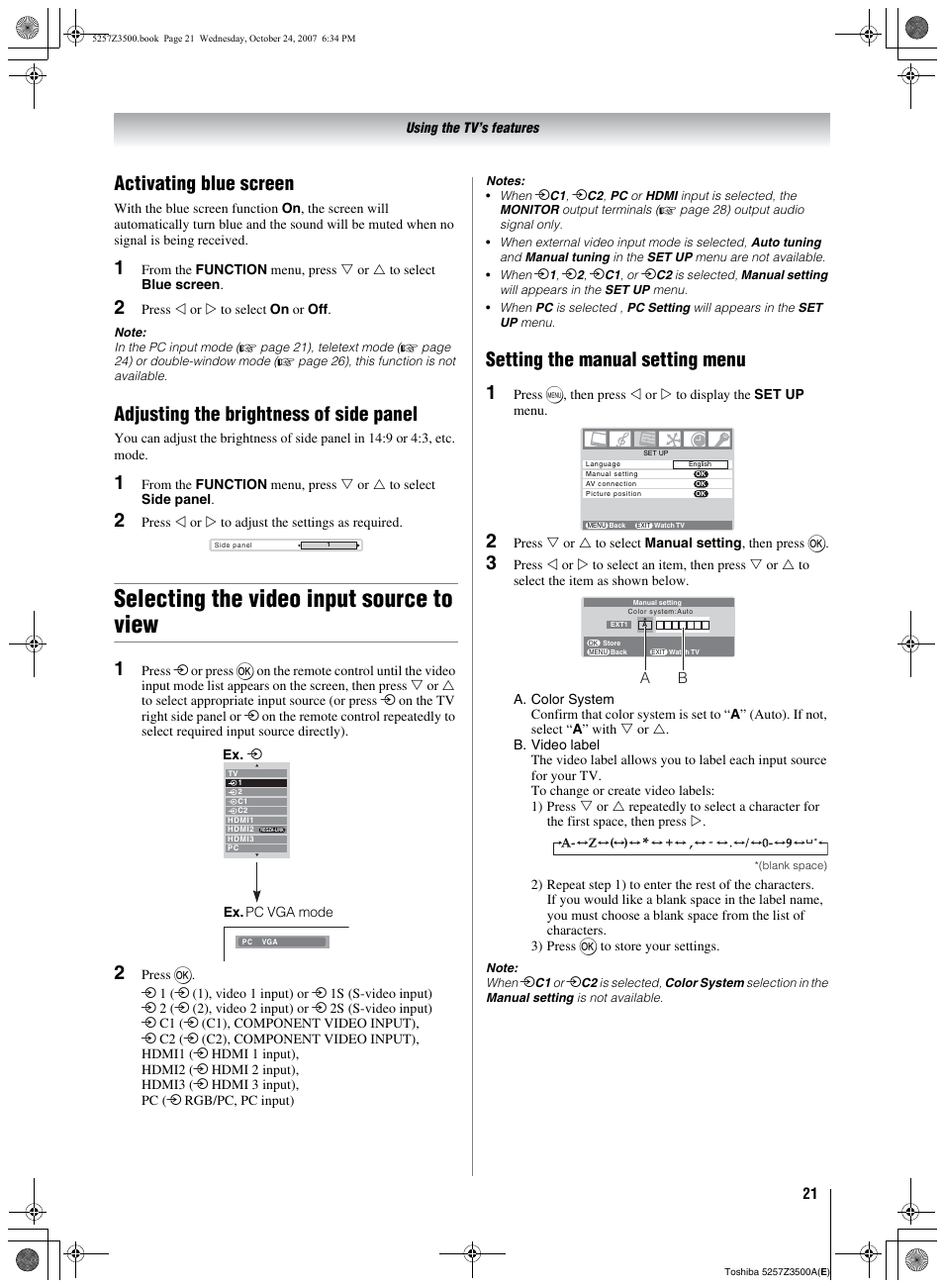 Selecting the video input source to view, Setting the manual setting menu, Ge 21) | Ge 21), and, Ge 21), teletext mode, 21), and double-window, Activating blue screen, Adjusting the brightness of side panel, Setting the manual setting menu 1 | Toshiba VX1A00054000 User Manual | Page 21 / 36