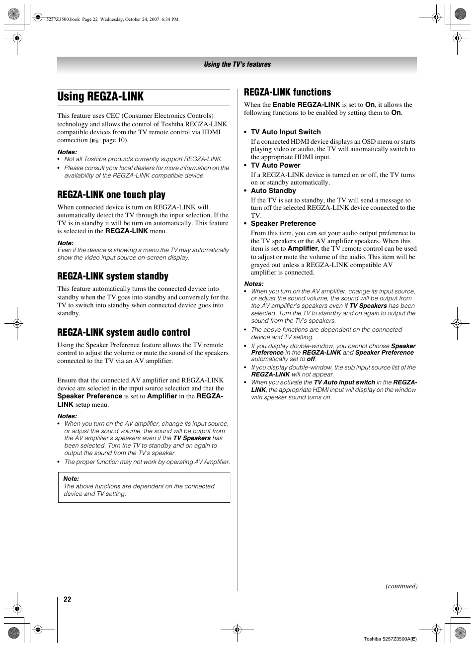 Using regza-link, Regza-link one touch play, Regza-link system standby | Regza-link system audio control, Regza-link functions | Toshiba VX1A00054000 User Manual | Page 22 / 36