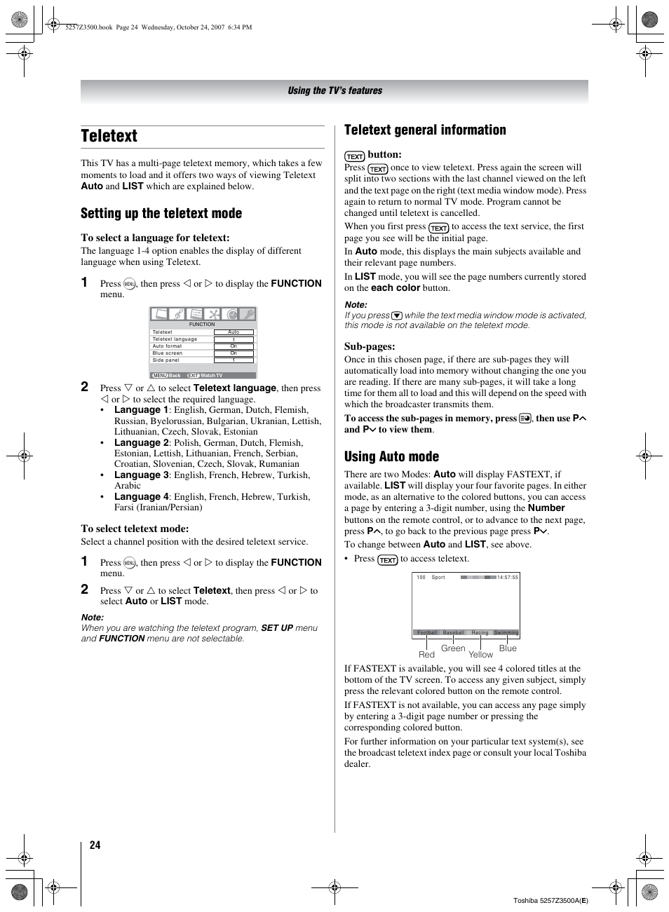 Teletext, 24) a, Setting up the teletext mode | Teletext general information, Using auto mode | Toshiba VX1A00054000 User Manual | Page 24 / 36