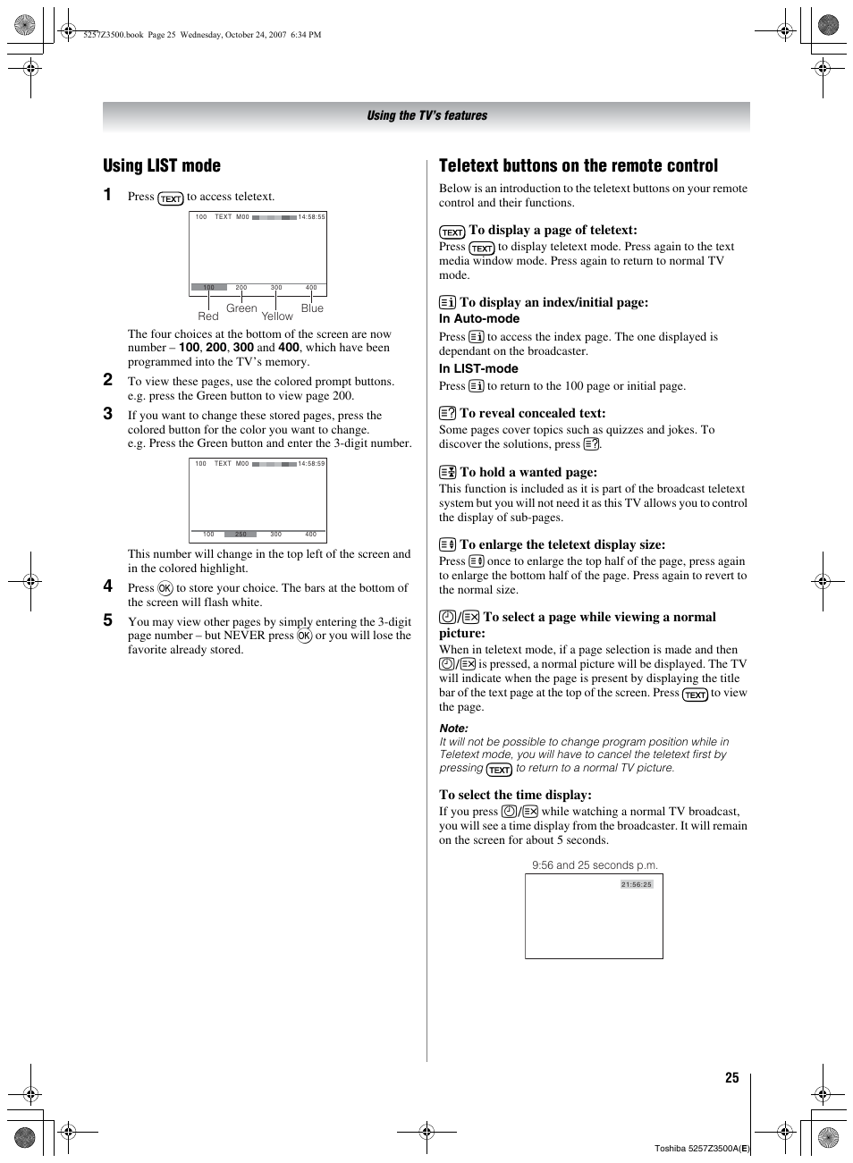 Using list mode 1, Teletext buttons on the remote control | Toshiba VX1A00054000 User Manual | Page 25 / 36