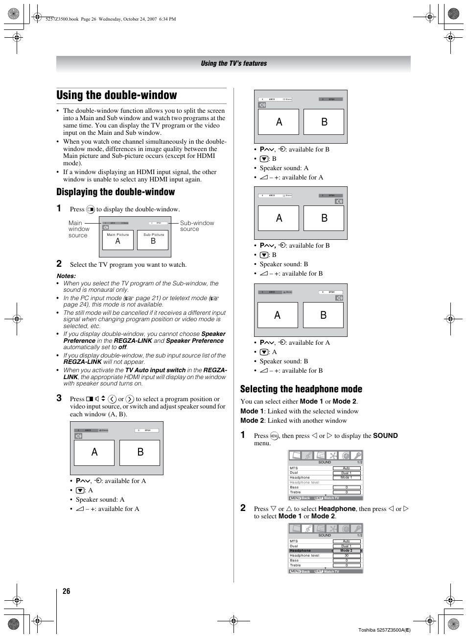 Using the double-window, 26) th, Ge 26) | Displaying the double-window 1, Selecting the headphone mode | Toshiba VX1A00054000 User Manual | Page 26 / 36